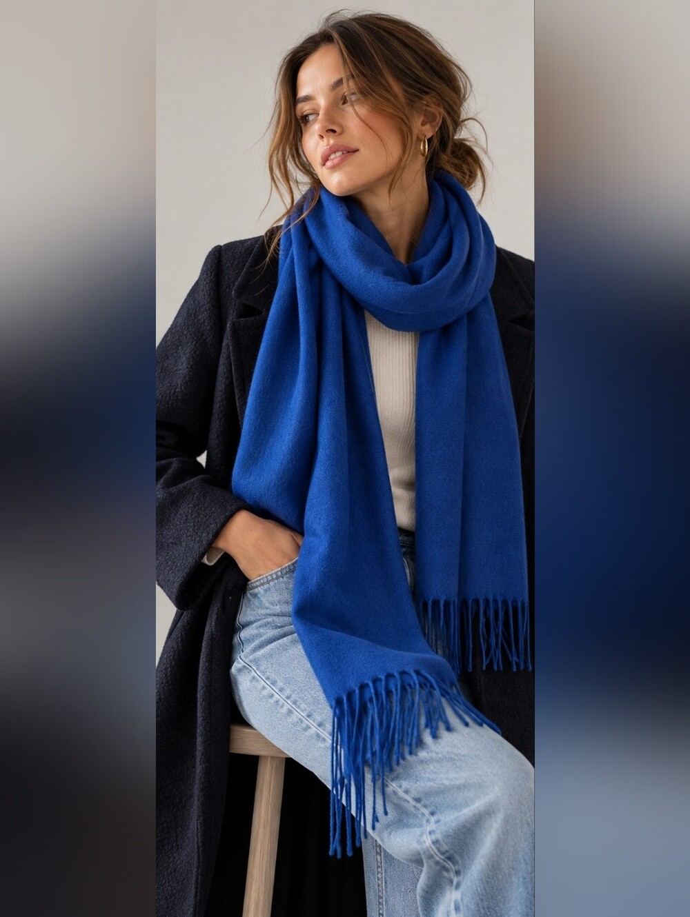 Azure Blue Cashmere Fringe Scarf 27 X 72